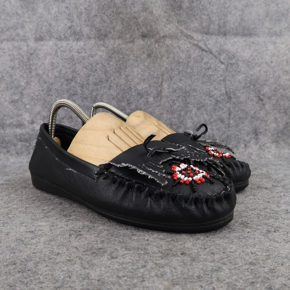 Casual Shoes Womens 8 Moccasin Loafers Slip On Leather Black Fringe Beaded Black